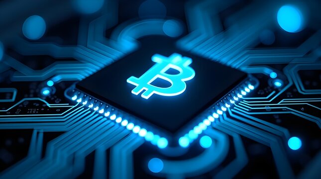 Futuristic Bitcoin blockchain processor glowing on digital circuit board, cryptocurrency mining hardware, fintech technology, decentralized ledger innovation background