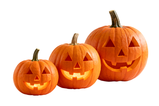 Three glowing carved pumpkins isolated on transparent background