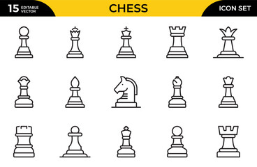 Chess line icons set. Outline set of chess vector icons for web design isolated on white background. Thin outline icons pack. Vector illustration © Iconfly