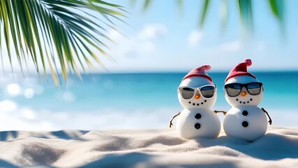 Winter holiday celebration concept. Christmas New Year. snowman with sunglasses and Santa hat on beach. - Powered by Adobe
