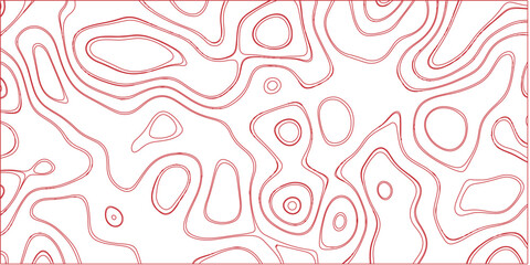 Red contour lines forming an abstract topographic map pattern on a white background, with organic wavy shapes and circular elements