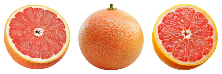 A set of three fresh grapefruits, showing a whole fruit and two halves, one on each side. The vivid textures and colors of the fruit create an inviting image