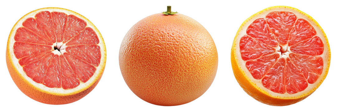 A set of three fresh grapefruits, showing a whole fruit and two halves, one on each side. The vivid textures and colors of the fruit create an inviting image