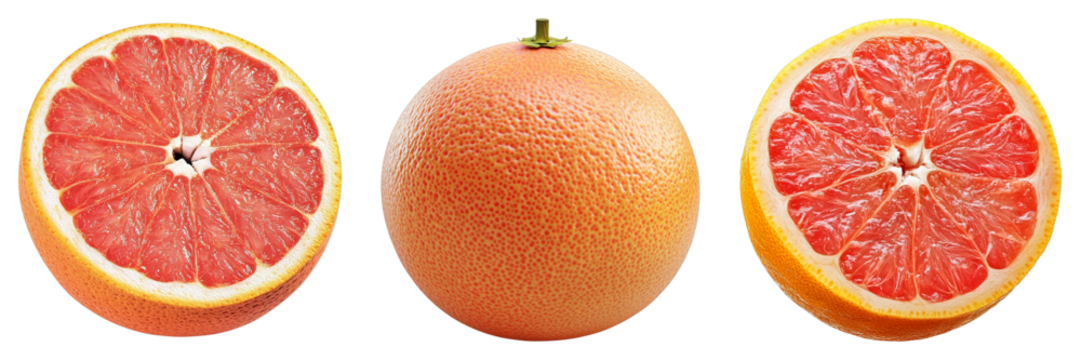 A set of three fresh grapefruits, showing a whole fruit and two halves, one on each side. The vivid textures and colors of the fruit create an inviting image