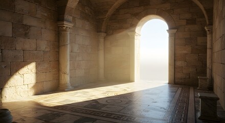 Interior view of an ancient structure with stone walls, columns and light shining through an archway