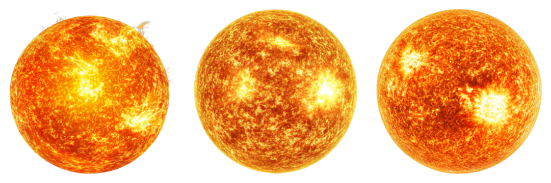 Three luminous suns shining brightly in space. Each sun radiates intense heat and light - Powered by Adobe