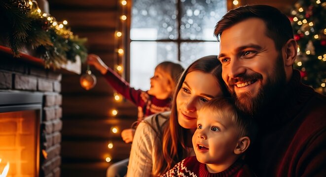 Family celebrating Christmas in countryside cabin, rustic winter charm