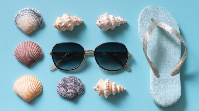 Summer Vibes with Sunglasses, Seashells, and Flip-Flop on Light Blue Background for Vacation, Relaxation, Beach, and Coastal Imagery