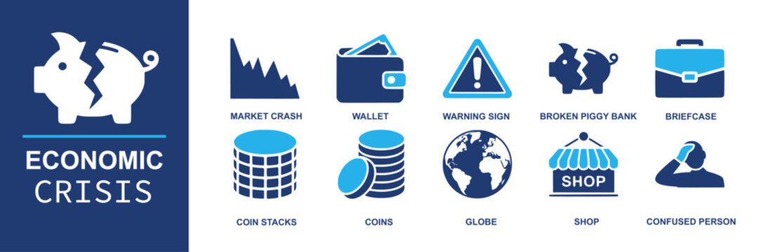 Economic crisis icons showing market crash, wallet, warning sign, broken piggy bank, briefcase, coin stacks, globe, shop and confused person. Clear symbols for finance news, risk and recession topics