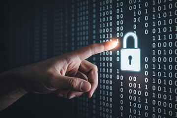 Hand is holding a binary code lock on the screen to show a digital security concept in business and technology