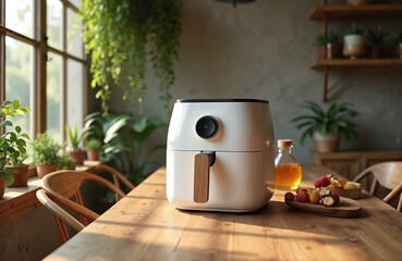 White modern air fryer appliance sits on sunny wooden dining table. Healthy fresh fruit, cooking oil near device. Cozy rustic kitchen dining room interior with many green plants, natural light from