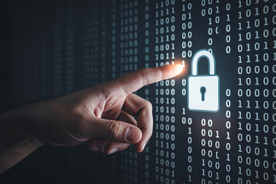 Hand is holding a binary code lock on the screen to show a digital security concept in business and technology