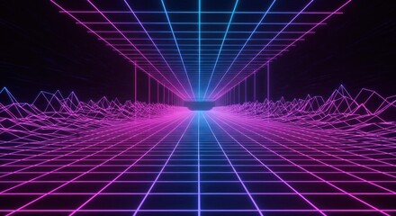 Abstract futuristic neon grid tunnel digital art with vibrant blue and pink lighting