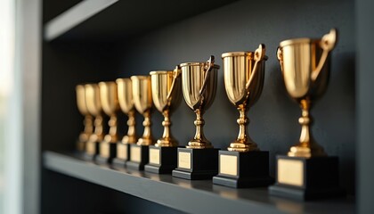 Shining golden trophies line dark shelf. Each elegant cup sits on black base. They represent success, victory, and high achievement. Awards highlight accomplishment, pride, and recognition indoors.
