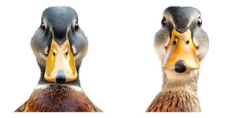 Two ducks looking straight ahead, in front of background. The ducks have a colorful plumage and beaks