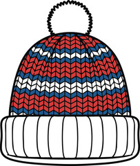 A vector illustration of a knitted winter beanie featuring a red, white, and blue zigzag pattern with a white pom-pom and ribbed cuff.