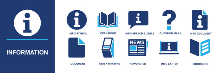 Information icon set. Containing info symbol, open book, speech bubble, question mark, info document, kiosk, newspaper, laptop, brochure, document, guidance, help desk, updates and more. Solid vector 