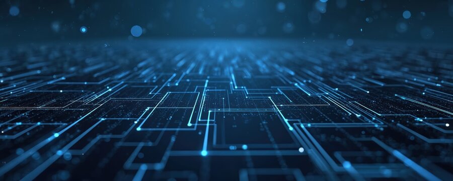 Digital network lines glow blue on dark background. Geometric circuit board pattern connects points. Futuristic cyberspace map with light trails.