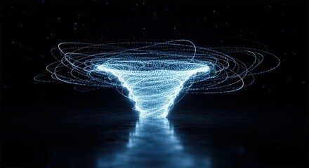 Abstract digital vortex with blue glowing particles on a reflective surface