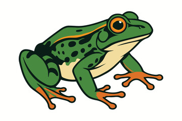A vibrant green frog with dark spots and orange accents on its feet stands on a white background ready to leap