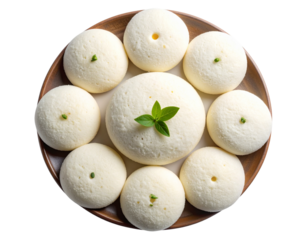  Top-Down View of Soft Plain Idlis Arranged in Circular Pattern, isolated on a transparent background.