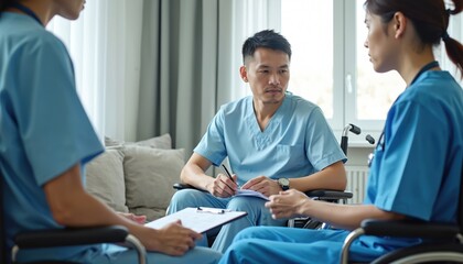 Fototapeta premium Two nurses in blue scrubs talk with male patient in wheelchair. One nurse takes notes patient looks on thoughtfully. Scene suggests medical consultation examination, possibly in home private clinic