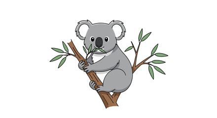 Fototapeta premium A charming cartoon illustration of a cute grey koala bear perched on a tree branch, happily munching on fresh green eucalyptus leaves.