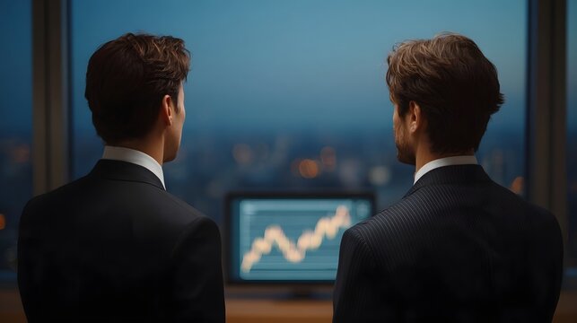Two businessmen in suits observe a market graph on a monitor in a high rise office overlooking a city at dusk