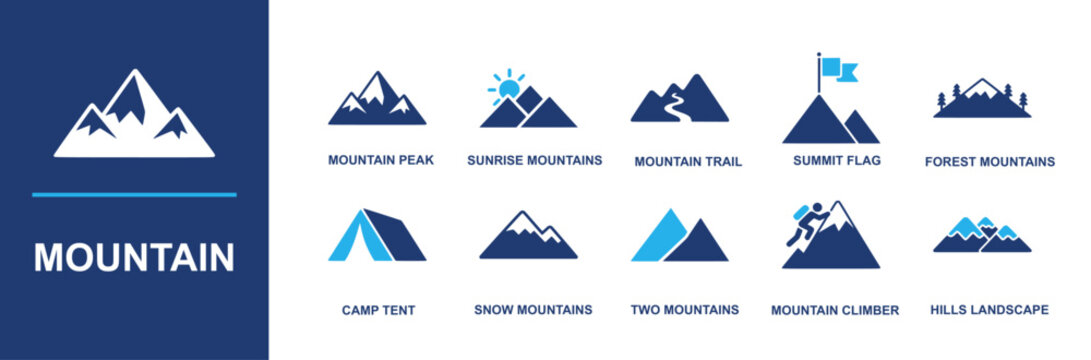 Mountain icon set. Containing peak, sunrise mountains, curved trail, summit flag, forest range, camp tent, snow hills, twin peaks, mountain climber, hills landscape, alps and more. Solid vector icons