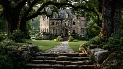 Stately stone manor house is viewed from wide stone steps, framed by large ancient trees and lush green lawn in warm afternoon lighting.