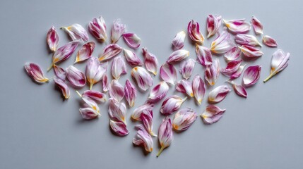 Obraz premium Heart Shaped Arrangement of Delicate Pink and White Flower Petals on Soft Gray Background, Ideal for Romantic and Floral Themes in Creative Projects