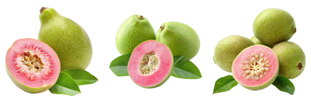 A set of ripe guava fruits, with some cut to reveal their vibrant pink flesh and fresh green leaves