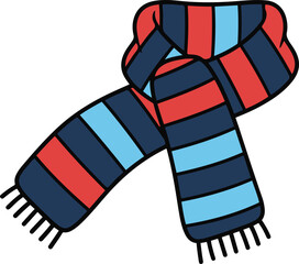 A colorful cartoon illustration of a knitted winter scarf featuring alternating stripes of red, dark blue, and light blue, tied in a loose knot with fringed ends.