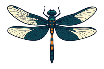 Detailed illustration of a striking black and white dragonfly with iridescent blue eyes and segmented body against a clean white background