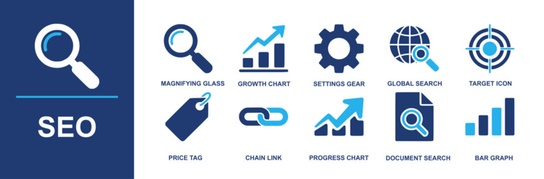 SEO icon set. Containing magnifier, growth chart, settings gears, global search, target icon, price tag, chain link, progress chart, document search, bar graph, analytics and more. Solid vector icons