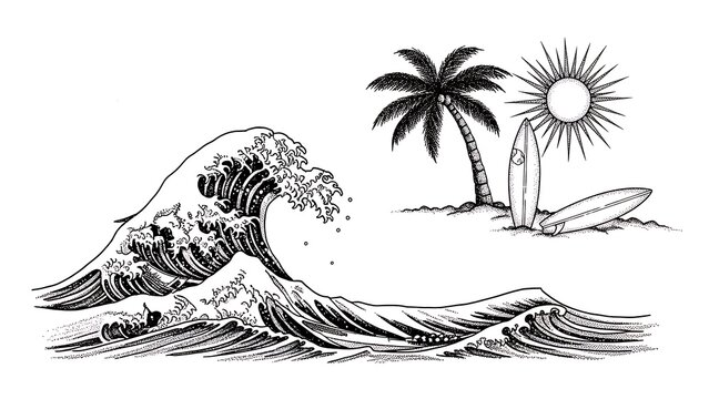 Hand drawn ocean wave with palm tree and surfboard on beach