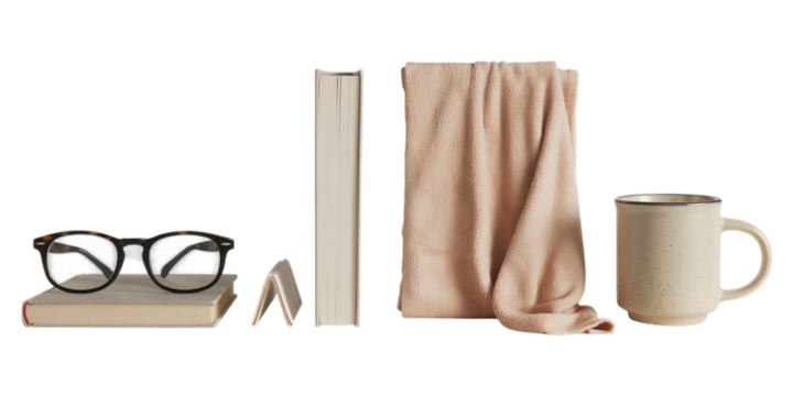 A thoughtfully arranged still life features reading glasses, books, a soft blanket, and a speckled ceramic mug on a clean white background.