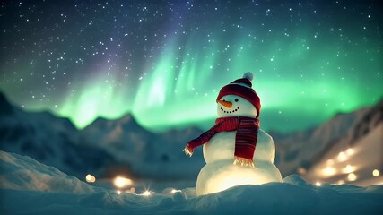 Winter holiday celebration concept. Christmas New Year. Aurora Borealis, snowman, winter, snowy landscape, red scarf, red hat, green lights, snowy mountains, night sky, stars, snowflakes, lights.