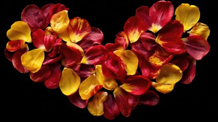 Heart-Shaped Arrangement of Red and Yellow Rose Petals on Black Background for Romantic and Wedding Themes
