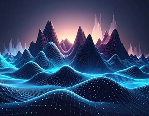 Abstract glowing blue landscape with digital peaks