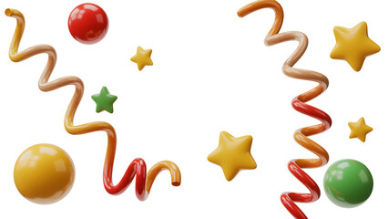 Obraz premium Festive 3D render of colorful spheres stars and ribbons perfect for party decorations and celebrations