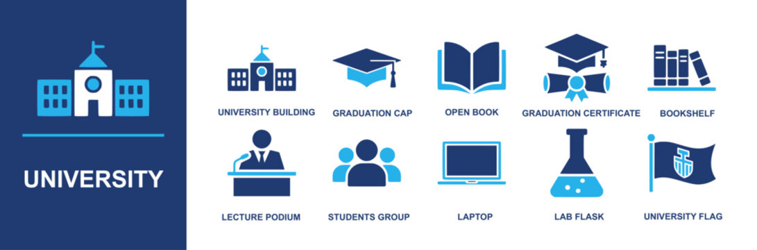 University icon set. Containing campus building, graduation cap, open book, diploma, degree, bookshelf, lecture podium, students group, laptop, lab flask, university flag and more. Solid vector icons - Powered by Adobe