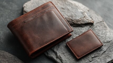 Brown leather wallet and card holder on stone