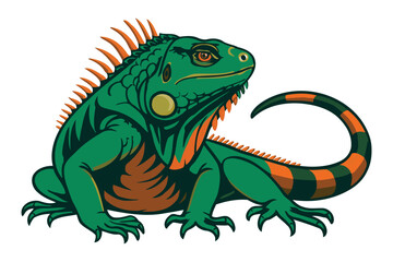 Vibrant green iguana with orange striped tail and spiky crest posing confidently on a white background isolated illustration