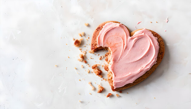 Top view of bitten heart shaped cookie with pink creamy frosting and scattered crumbs on white background for valentine day love concept