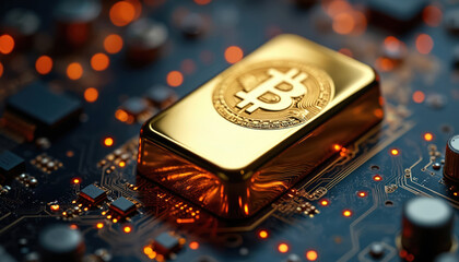 Digital gold bar with bitcoin symbol sits on circuit board. Glowing orange lights highlight tech hardware. Represents crypto currency finance investment, digital assets. Futuristic technology
