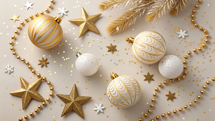 Gold and white festive ornaments scattered on a neutral background with shimmering stars and sparkles.