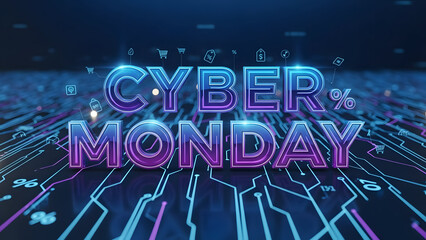 Cyber Monday Sale Promotion: Dynamic digital design showcases the essence of Cyber Monday, featuring vibrant typography set against a sleek electronic circuit board.