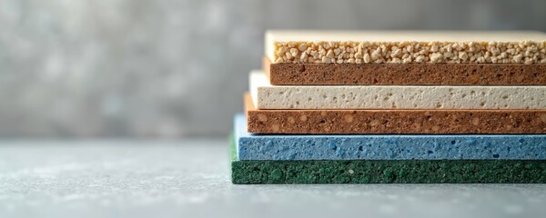 Close up photo showcases various eco friendly construction material samples. Different textures and colors of sustainable building products. Renewable resources like recycled components are used.