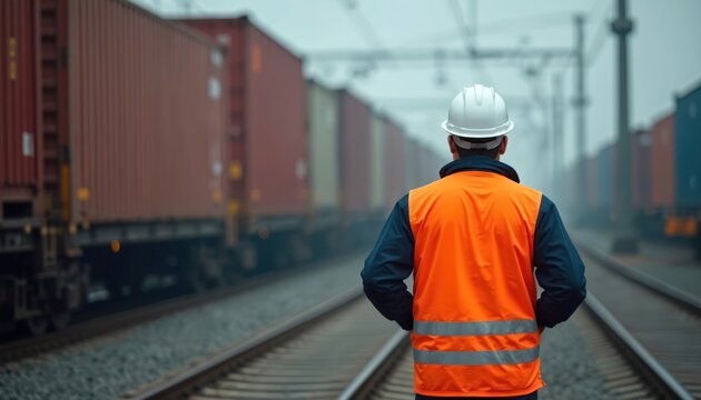 Railway worker in orange vest watches freight trains on tracks. He monitors transport logistics and safety procedures. Industrial setting with container wagons and blurred cityscape background.